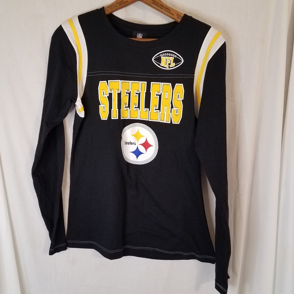PITTSBURGH STEELERS NFL TEAM APPAREL LONG SLEEVE T SHIRT Women Sz Large BLK/Gold